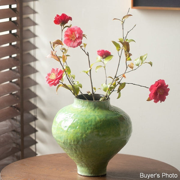 Centerpiece on Dining Table, Modern Pottery Flower Vases, Handmade Water Holding Flower Vases, Pottery Bud Vases, Large Green Flower Vases on Table-ArtWorkCrafts.com