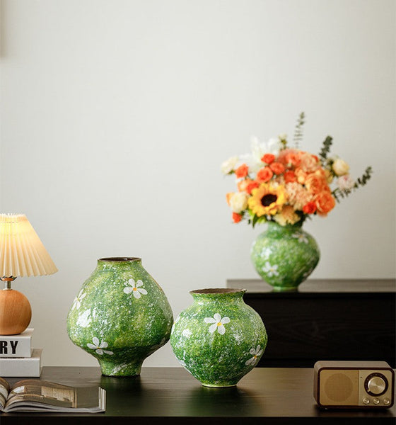 Centerpiece on Dining Table, Handmade Water Holding Flower Vases, Modern Pottery Flower Vases, Pottery Bud Vases, Large Green Flower Vases on Table-ArtWorkCrafts.com