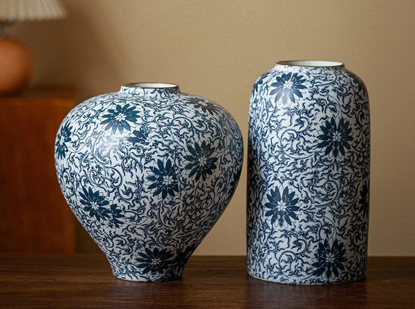 Vintage Bouquet Flower Vases, Centerpiece on Dining Table, Large Blue Flower Vase on Table, Handmade Porcelain Flower Vases Urn, Water Holding Flower Vases-ArtWorkCrafts.com