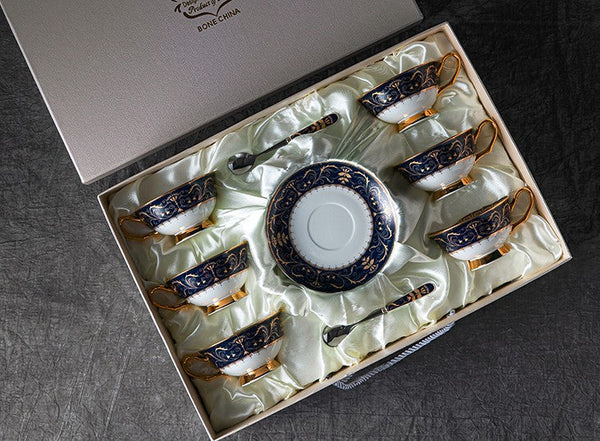 Unique Blue Tea Cup and Saucer in Gift Box, Blue Porcelain Tea Cup Sucer Set, Royal Ceramic Cups, Elegant Ceramic Coffee Cups-ArtWorkCrafts.com
