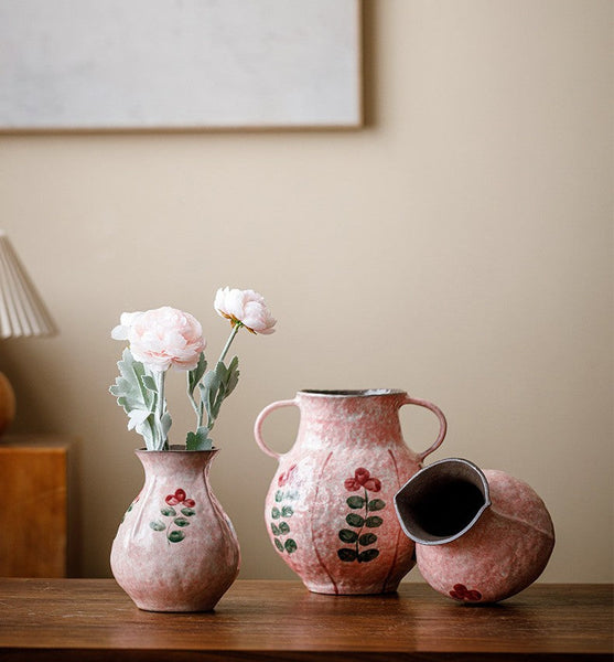 Handmade Water Holding Flower Vases, Rustic Pottery Flower Vases, Small Flower Vases on Table, Pink Bud Vases-ArtWorkCrafts.com