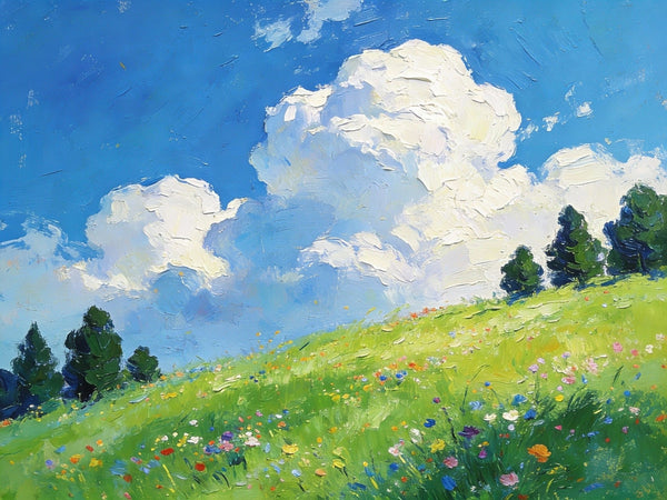 Beneath a Sky of Clouds, a Hillside in Bloom, Small Paintings on Canvas, Hand Painted Canvas Art, Small Landscape Paintings, Original Oil Paintings, Small Paintings As Birthday Gift-ArtWorkCrafts.com