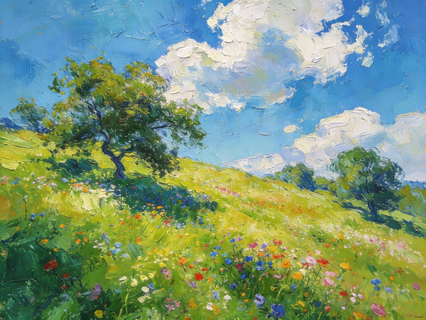 Lush Green Fields Under a Cloudy Sky, Small Oil Paintings on Canvas, Small Wall Paintings, Hand Painted Canvas Art, Heavy Texture Oil Paintings, Original Artwork Small Paintings-ArtWorkCrafts.com