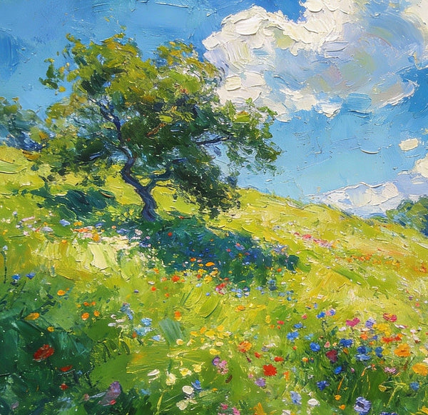 Lush Green Fields Under a Cloudy Sky, Small Oil Paintings on Canvas, Small Wall Paintings, Hand Painted Canvas Art, Heavy Texture Oil Paintings, Original Artwork Small Paintings-ArtWorkCrafts.com