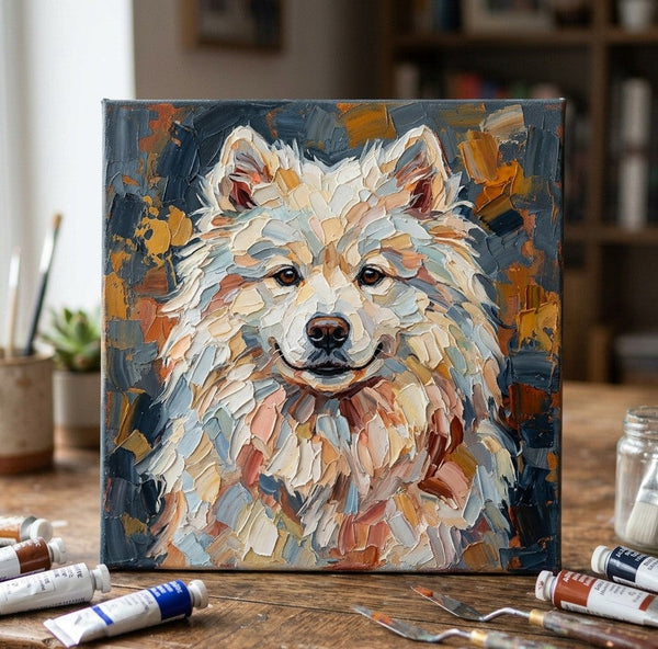 Abstract Pet Portrait Painting, Samoyed Dog Portrait, Hand Painted Canvas Art, Impasto Artwork, Original Acrylic Paintings, Heavy Texture Painting, Small Art on Canvas-ArtWorkCrafts.com