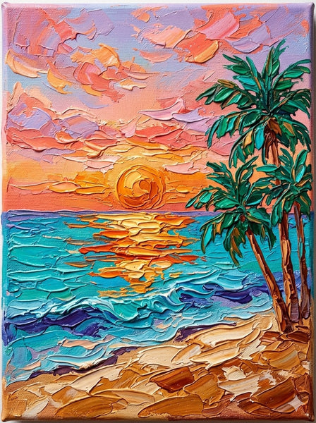 Hand Painted Canvas Art, Small Art on Canvas, Seashore Palm Tree Sunset Painting, Original Acrylic Paintings, Impasto Artwork, Heavy Texture Painting, Original Lanscape Art-ArtWorkCrafts.com