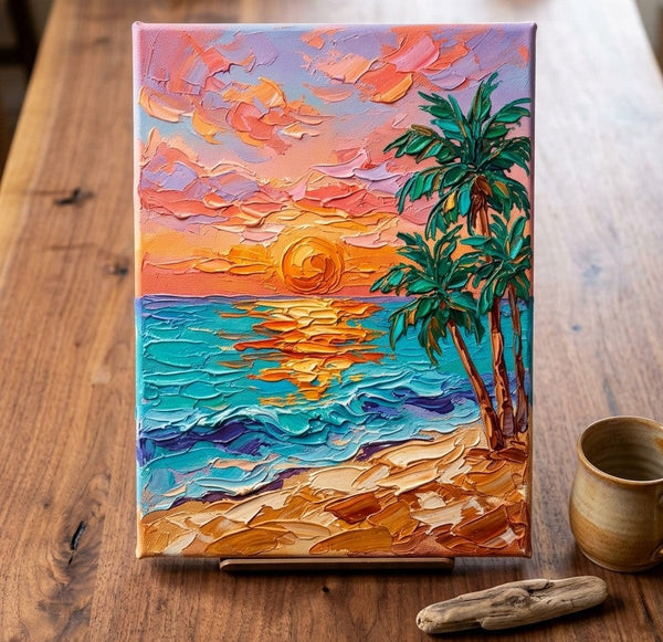 Hand Painted Canvas Art, Small Art on Canvas, Seashore Palm Tree Sunset Painting, Original Acrylic Paintings, Impasto Artwork, Heavy Texture Painting, Original Lanscape Art-ArtWorkCrafts.com