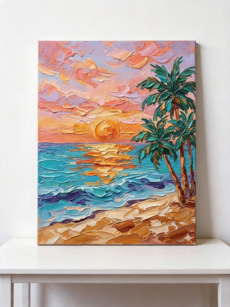 Hand Painted Canvas Art, Small Art on Canvas, Seashore Palm Tree Sunset Painting, Original Acrylic Paintings, Impasto Artwork, Heavy Texture Painting, Original Lanscape Art-ArtWorkCrafts.com