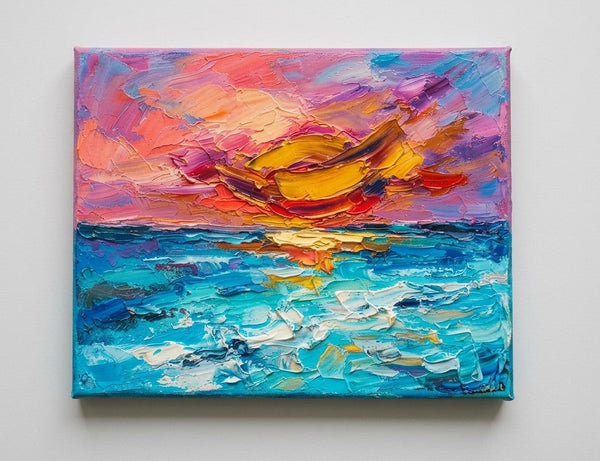 Small Art on Canvas, Seashore Sunset Painting, Hand Painted Canvas Art, Original Acrylic Paintings, Impasto Artwork, Heavy Texture Painting-ArtWorkCrafts.com