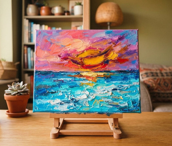 Small Art on Canvas, Seashore Sunset Painting, Hand Painted Canvas Art, Original Acrylic Paintings, Impasto Artwork, Heavy Texture Painting-ArtWorkCrafts.com