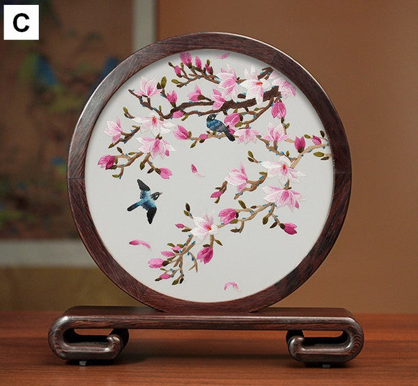 Traditional Chinese Suzhou Silk Embroidered Ornament, Premium Souvenir, Exclusive Business Presents, Creative Birthday Gift, Flower and Birds Embroidery Ornaments-ArtWorkCrafts.com