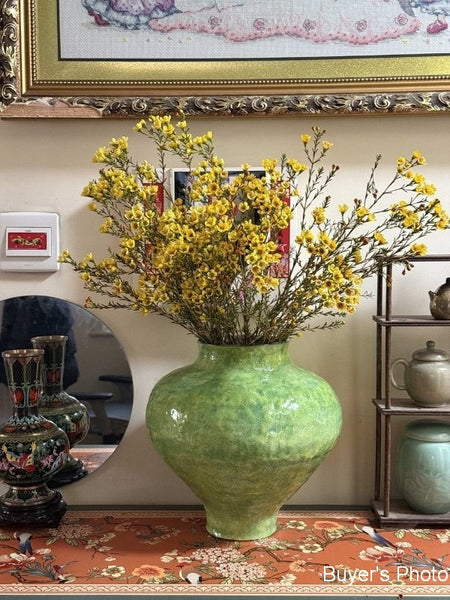Centerpiece on Dining Table, Modern Pottery Flower Vases, Handmade Water Holding Flower Vases, Pottery Bud Vases, Large Green Flower Vases on Table-ArtWorkCrafts.com