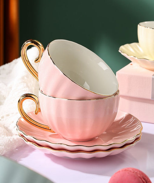 Macaroon Ceramic Coffee Cups, 6.8 oz Tea Cup and Saucer Set of 2 Cups in Gift Box as Birthday Gift, Beautiful Elegant British Tea Cups, Creative Porcelain Tea Cup Set-ArtWorkCrafts.com
