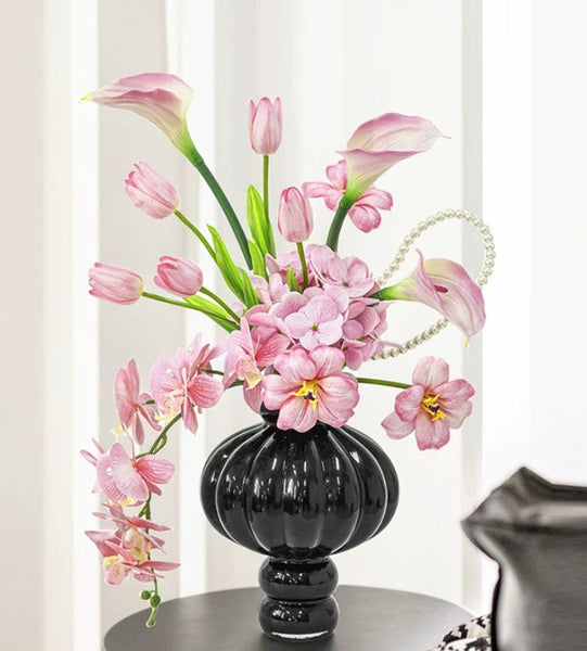 Unique Contemporary Vases for Modern Home Decor, Black Glass Bud Vases, Handmade Liuli Vases, Centerpiece Vases on Table, Black Glaze Vase-ArtWorkCrafts.com