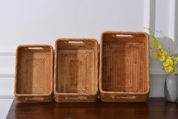 Woven Rectangular Basket with Handle, Rattan Storage Basket for Shelves, Woven Storage Baskets for Bathroom-ArtWorkCrafts.com
