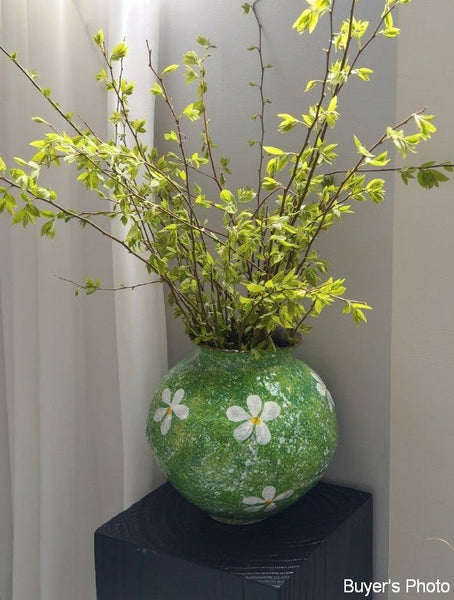 Modern Pottery Flower Vases, Centerpiece on Dining Table, Handmade Water Holding Flower Vases, Pottery Bud Vases, Large Green Flower Vases on Table-ArtWorkCrafts.com