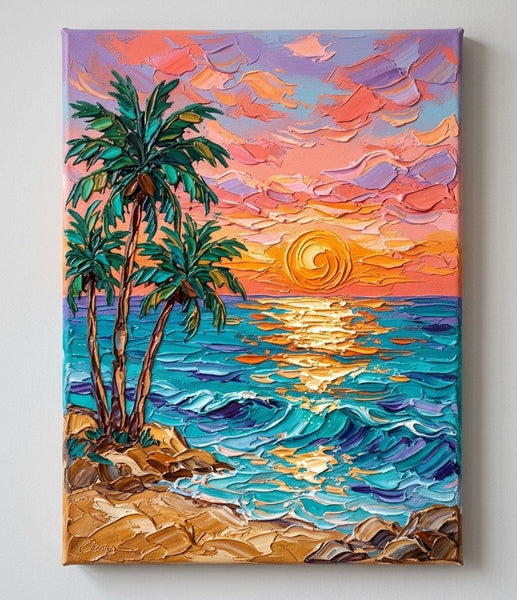 Small Art on Canvas, Seashore Palm Tree Sunset Painting, Hand Painted Canvas Art, Original Acrylic Paintings, Impasto Artwork, Heavy Texture Painting, Original Lanscape Art-ArtWorkCrafts.com