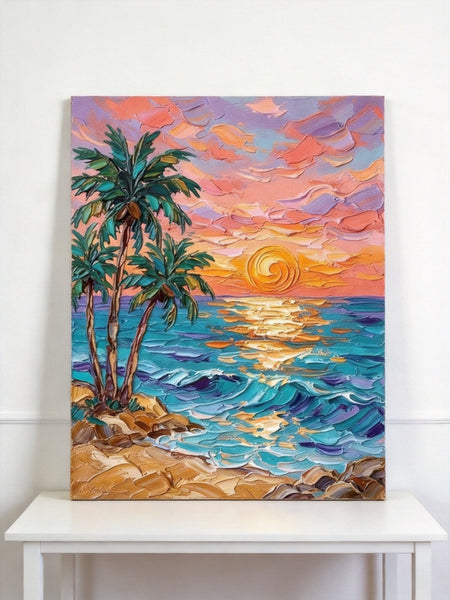 Small Art on Canvas, Seashore Palm Tree Sunset Painting, Hand Painted Canvas Art, Original Acrylic Paintings, Impasto Artwork, Heavy Texture Painting, Original Lanscape Art-ArtWorkCrafts.com