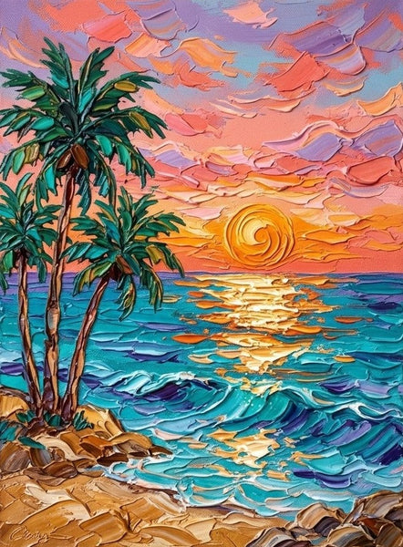 Small Art on Canvas, Seashore Palm Tree Sunset Painting, Hand Painted Canvas Art, Original Acrylic Paintings, Impasto Artwork, Heavy Texture Painting, Original Lanscape Art-ArtWorkCrafts.com