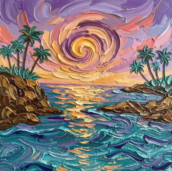 Hand Painted Canvas Art, Seashore Sunrise Paintings, Original Acrylic Paintings, Impasto Paintings, Heavy Texture Artwork-ArtWorkCrafts.com