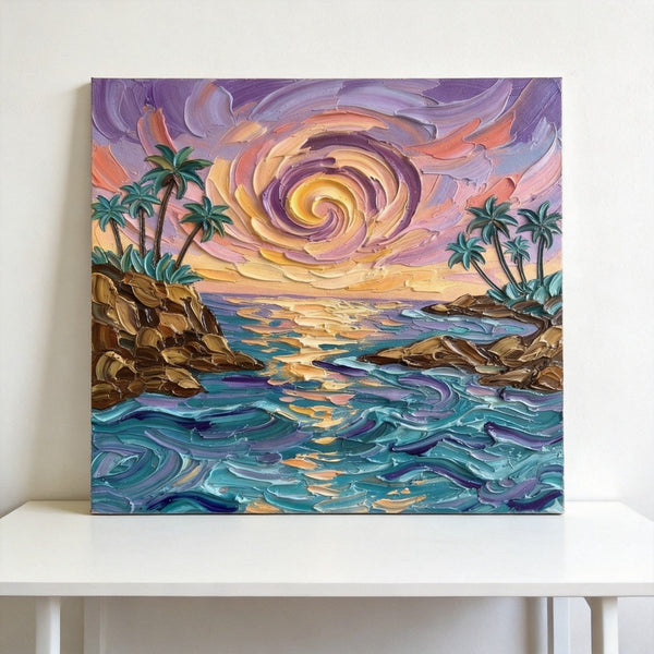 Hand Painted Canvas Art, Seashore Sunrise Paintings, Original Acrylic Paintings, Impasto Paintings, Heavy Texture Artwork-ArtWorkCrafts.com