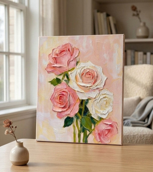 Original Still Life Paintings, Heavy Texture Canvas Art, Pink Rose Flower Painting, Original Flower Paintings, Small Canvas Artwork-ArtWorkCrafts.com