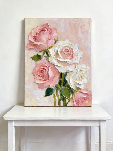 Original Still Life Paintings, Heavy Texture Canvas Art, Pink Rose Flower Painting, Original Flower Paintings, Small Canvas Artwork-ArtWorkCrafts.com