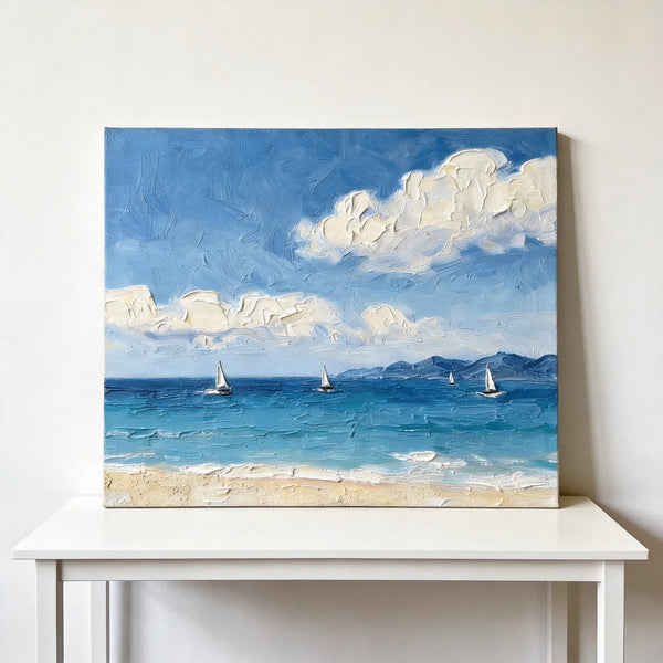 Small Art on Canvas, Sail Boats at Sea Painting, Original Acrylic Paintings, Impasto Artwork, Heavy Texture Painting, Hand Painted Canvas Art-ArtWorkCrafts.com