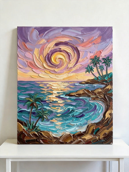 Small Art on Canvas, Seashore Palm Tree Sunrise Painting, Hand Painted Canvas Art, Original Acrylic Paintings, Impasto Artwork, Heavy Texture Painting, Original Lanscape Art-ArtWorkCrafts.com