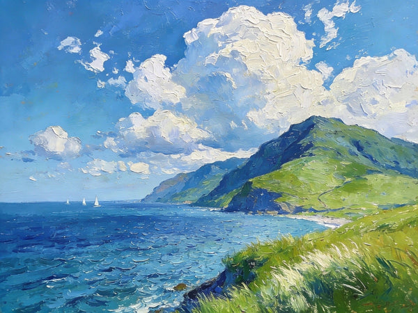Small Wall Paintings, Coastal Seascape, Green Hills and Blue Waters, Impasto Artwork, On Canvas Small Paintings, Original Wall Art Paintings, Original Artwork Small Paintings, Small Landscape Paintings-ArtWorkCrafts.com