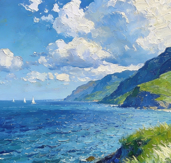 Small Wall Paintings, Coastal Seascape, Green Hills and Blue Waters, Impasto Artwork, On Canvas Small Paintings, Original Wall Art Paintings, Original Artwork Small Paintings, Small Landscape Paintings-ArtWorkCrafts.com