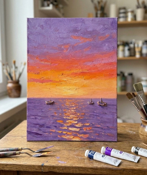 Impasto Artwork, Sail Boats Sunset Painting, Small Art on Canvas, Original Acrylic Paintings, Heavy Texture Painting, Hand Painted Canvas Art-ArtWorkCrafts.com