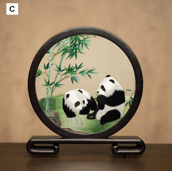 Unique Birthday Gift, Exclusive Business Present Panda Embroidered Decor, Traditional Chinese Suzhou Embroidery Ornament, Premium Souvenir-ArtWorkCrafts.com
