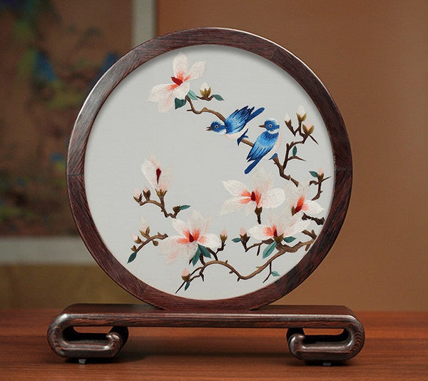 Traditional Chinese Suzhou Silk Embroidered Ornament, Premium Souvenir, Exclusive Business Presents, Creative Birthday Gift, Flower and Birds Embroidery Ornaments-ArtWorkCrafts.com