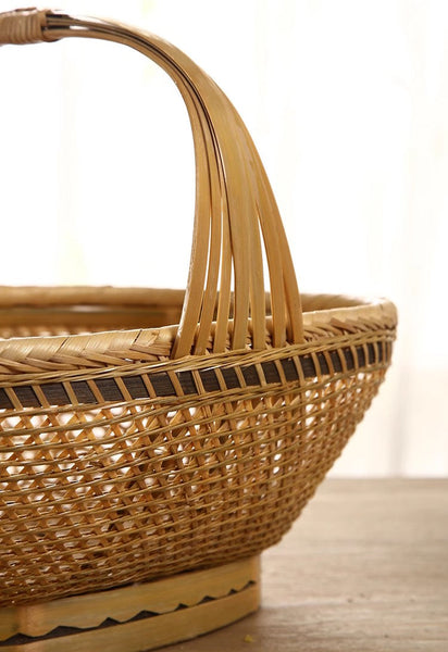 Natural Hand-woven Bamboo Basket, Extra Large Picnic Food Basket with Handle, Lovely Bamboo Baskets for Vegetable, Natural Fruit Basket Kitchen Storage Baskets-ArtWorkCrafts.com