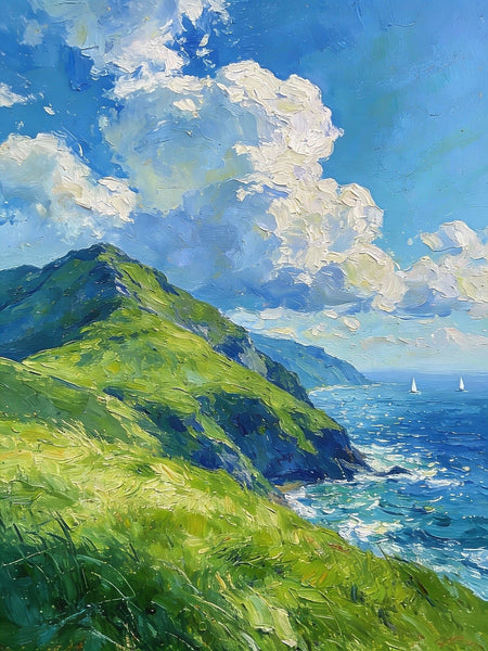 Seashore Paintings, Mountains Meet the Azure Sea, Heavy Texture Oil Paintings, On Canvas Small Paintings, Hand Painted Canvas Art, Original Small Paintings-ArtWorkCrafts.com