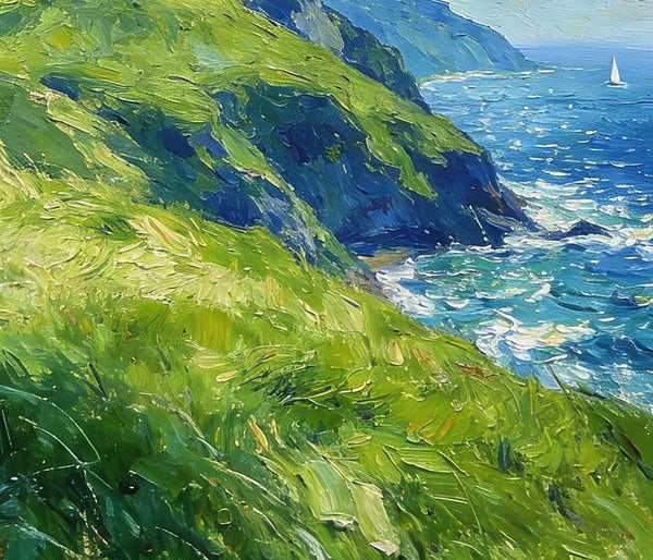 Seashore Paintings, Mountains Meet the Azure Sea, Heavy Texture Oil Paintings, On Canvas Small Paintings, Hand Painted Canvas Art, Original Small Paintings-ArtWorkCrafts.com