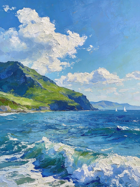 Coastal View, Mountains, Sea, and Clouds, Landscape Small Paintings, Original Artwork Small Paintings, Hand Painted Wall Art, Heavy Texture Oil Paintings, On Canvas Small Paintings-ArtWorkCrafts.com