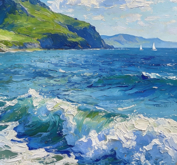 Coastal View, Mountains, Sea, and Clouds, Landscape Small Paintings, Original Artwork Small Paintings, Hand Painted Wall Art, Heavy Texture Oil Paintings, On Canvas Small Paintings-ArtWorkCrafts.com