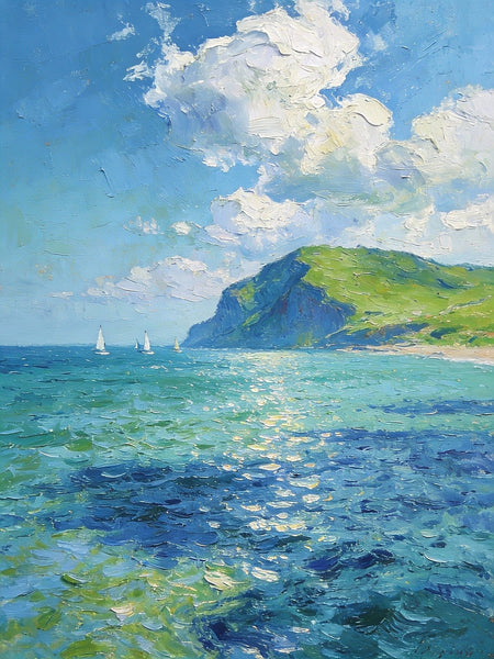 Sailboat in a Sheltered Bay, Landscape Small Paintings, Small Paintings on Wall, Original Small Paintings on Canvas, Heavy Texture Oil Paintings, Small Paintings on Canvas-ArtWorkCrafts.com