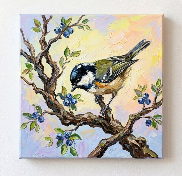 Titmice Bird Painting, Hand Painted Canvas Art, Small Art on Canvas, Original Acrylic Paintings, Impasto Artwork, Heavy Texture Painting, Ready to Hang-ArtWorkCrafts.com
