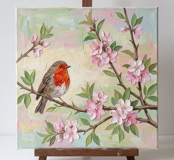 Abstract Robin Bird Painting, Original Acrylic Paintings, Impasto Artwork, Hand Painted Canvas Art, Small Art on Canvas, Heavy Texture Painting, Ready to Hang-ArtWorkCrafts.com