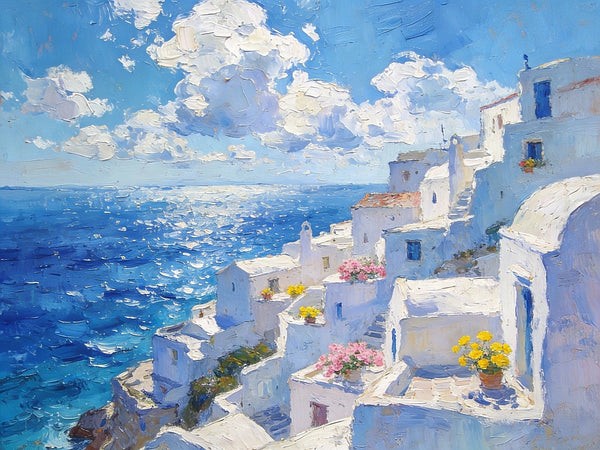 Summer's Day on the Aegean Blue Sea, Palette Knife Artwork, Small Landscape Paintings, Original Oil Paintings, Small Oil Paintings on Canvas, Hand Painted Canvas Art-ArtWorkCrafts.com