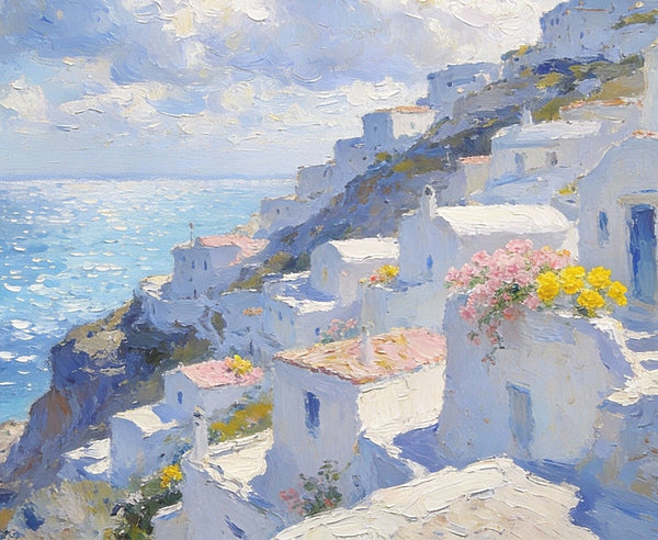 Santorini - White Villages by the Sea, Simple Painting Ideas, Small Wall Paintings, Landscape Canvas Paintings, On Canvas Small Paintings, Hand Painted Wall Art-ArtWorkCrafts.com