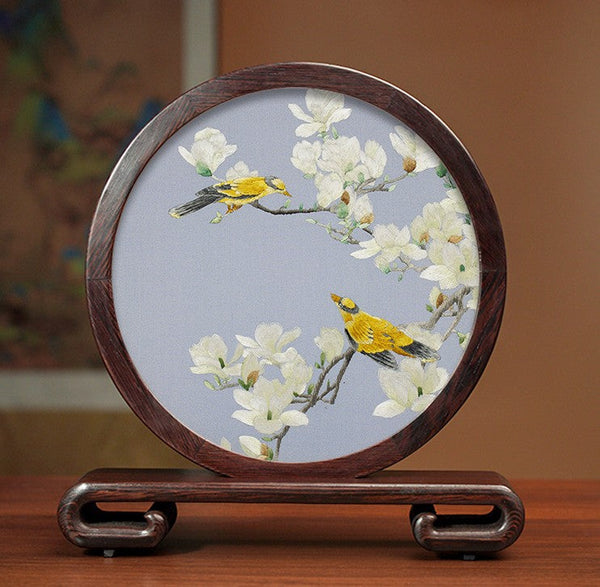 Creative Birthday Gift, Flower and Birds Embroidery Ornaments, Traditional Chinese Suzhou Silk Embroidered Ornament, Premium Souvenir, Exclusive Business Presents-ArtWorkCrafts.com