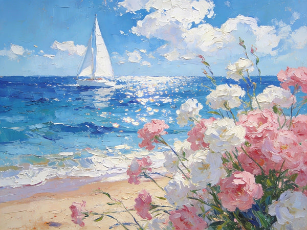 Blooms by the Shore, A Sailboat’s Journey, Simple Painting Ideas, Hand Painted Wall Art, Small Wall Paintings, Landscape Canvas Paintings, On Canvas Small Paintings-ArtWorkCrafts.com