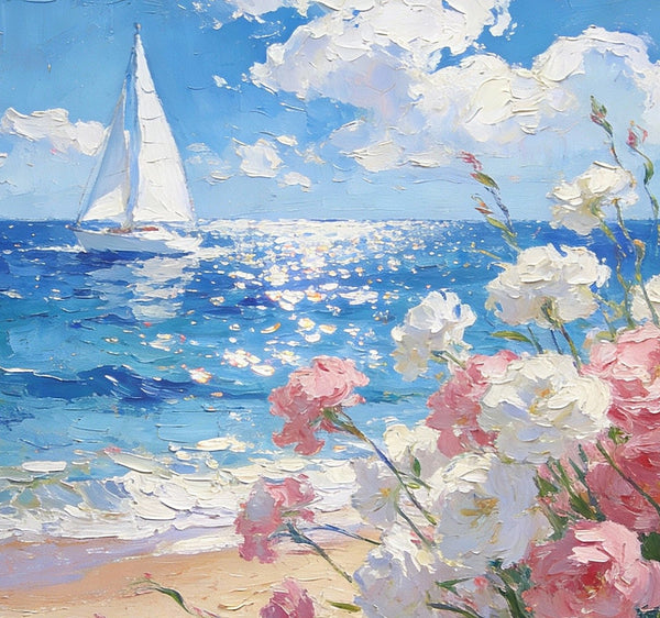 Blooms by the Shore, A Sailboat’s Journey, Simple Painting Ideas, Hand Painted Wall Art, Small Wall Paintings, Landscape Canvas Paintings, On Canvas Small Paintings-ArtWorkCrafts.com