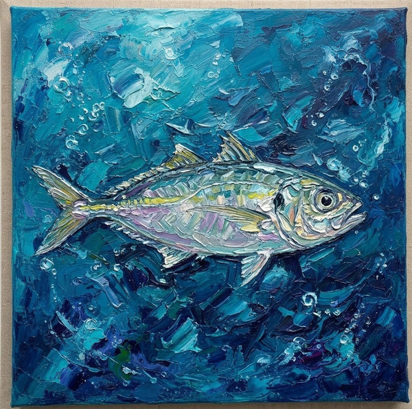 Small Art on Canvas, Blue Scad Fish Painting, Original Acrylic Paintings, Hand Painted Canvas Art, Heavy Texture Painting, Ready to Hang, Impasto Artwork-ArtWorkCrafts.com
