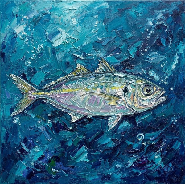 Small Art on Canvas, Blue Scad Fish Painting, Original Acrylic Paintings, Hand Painted Canvas Art, Heavy Texture Painting, Ready to Hang, Impasto Artwork-ArtWorkCrafts.com