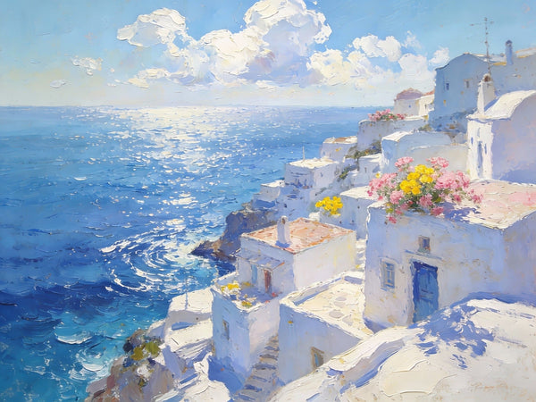 Small Wall Paintings, Santorini Impressions, White Villages by the Azure Sea, Simple Painting Ideas, Hand Painted Wall Art, Landscape Canvas Paintings, On Canvas Small Paintings-ArtWorkCrafts.com